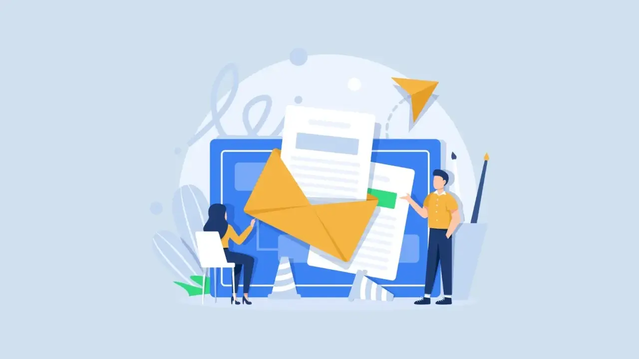 Ilustracja pokazuje, jak napisać mail z CV. Dwie osoby analizują dokumenty i kopertę.
