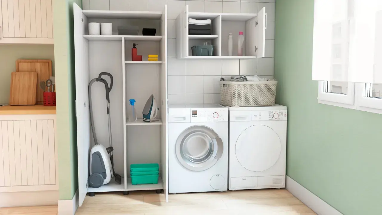 Lavadora, secadora y armario con aspiradora, plancha y productos de limpieza. Ideas para un lavadero funcional y ordenado.