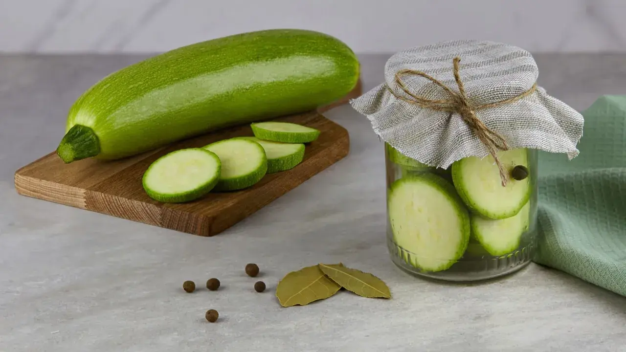 Frische Zucchini und Scheiben auf einem Holzbrett, daneben ein Glas mit eingelegten Zucchinischeiben. Perfekt zum Zucchini fermentieren.