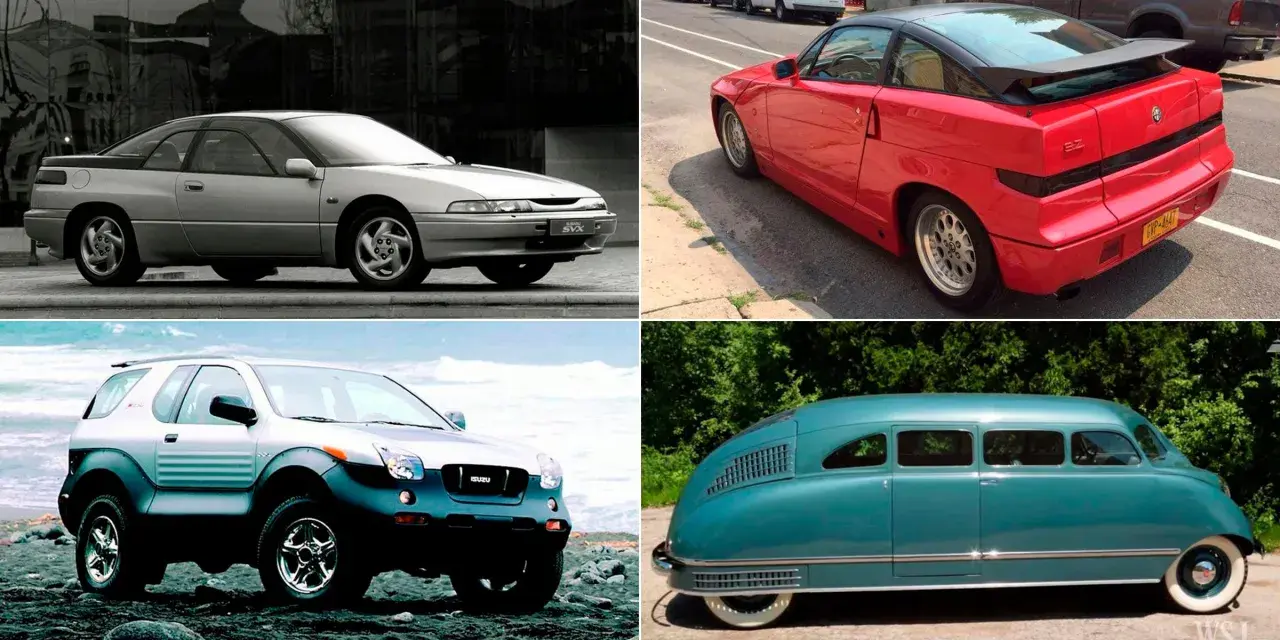 Colección de coches raros: un Subaru SVX plateado, un Alfa Romeo SZ rojo, un Isuzu VehiCROSS y un vehículo futurista azul verdoso.