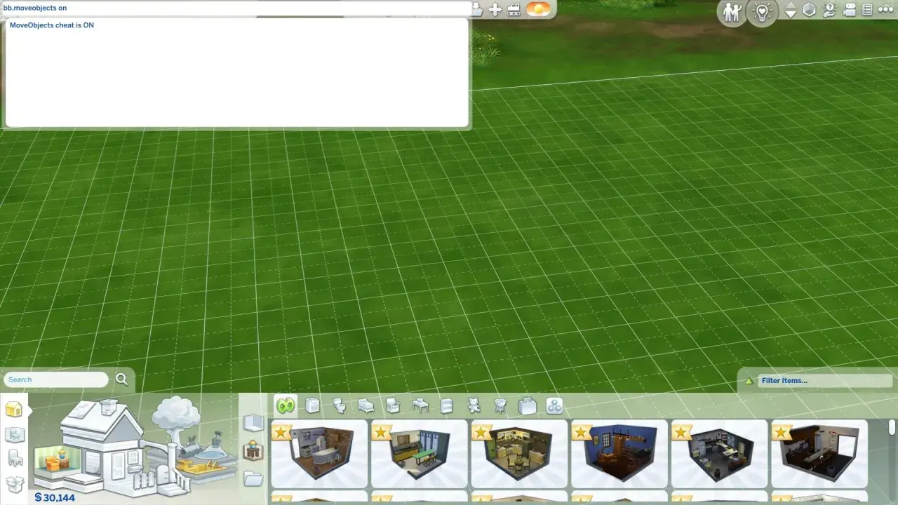 Włączony kod na przenikanie obiektów w Sims 4, "bb.moveobjects on", pozwala na swobodne umieszczanie mebli i dekoracji.