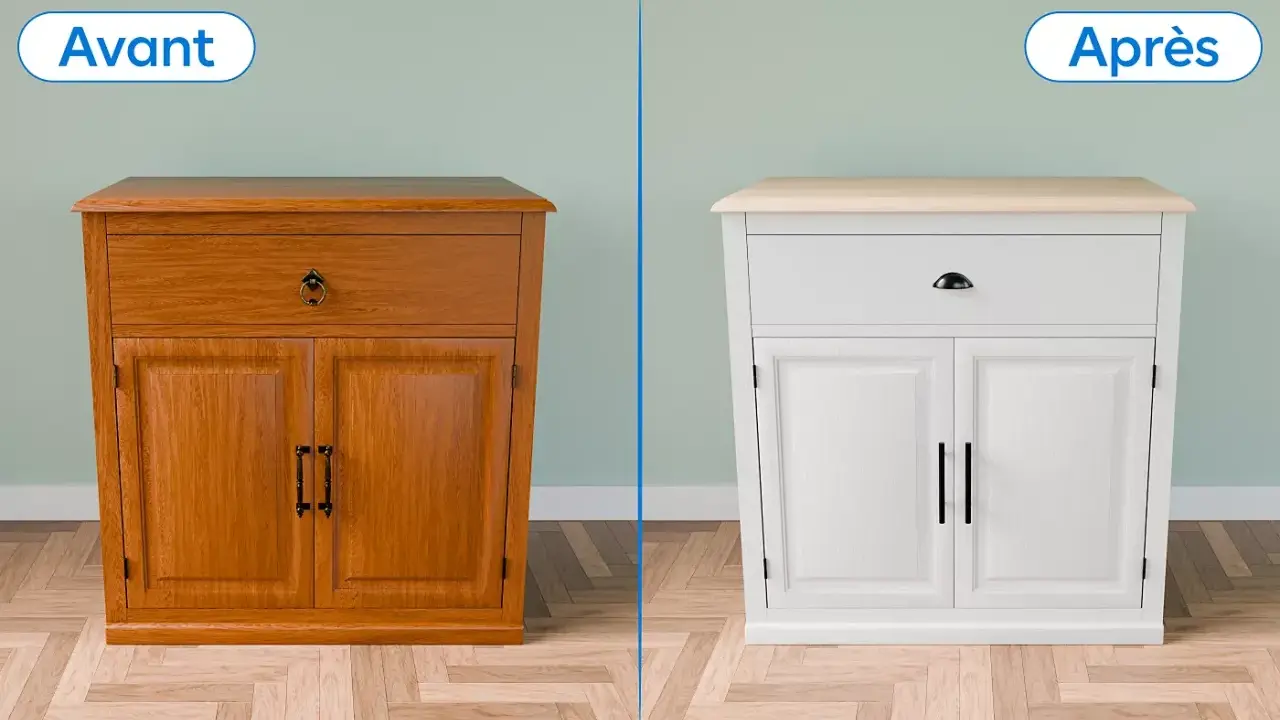 Avant/Après : un meuble en bois vernis transformé en blanc. Découvrez comment repeindre un meuble pour un relooking complet.