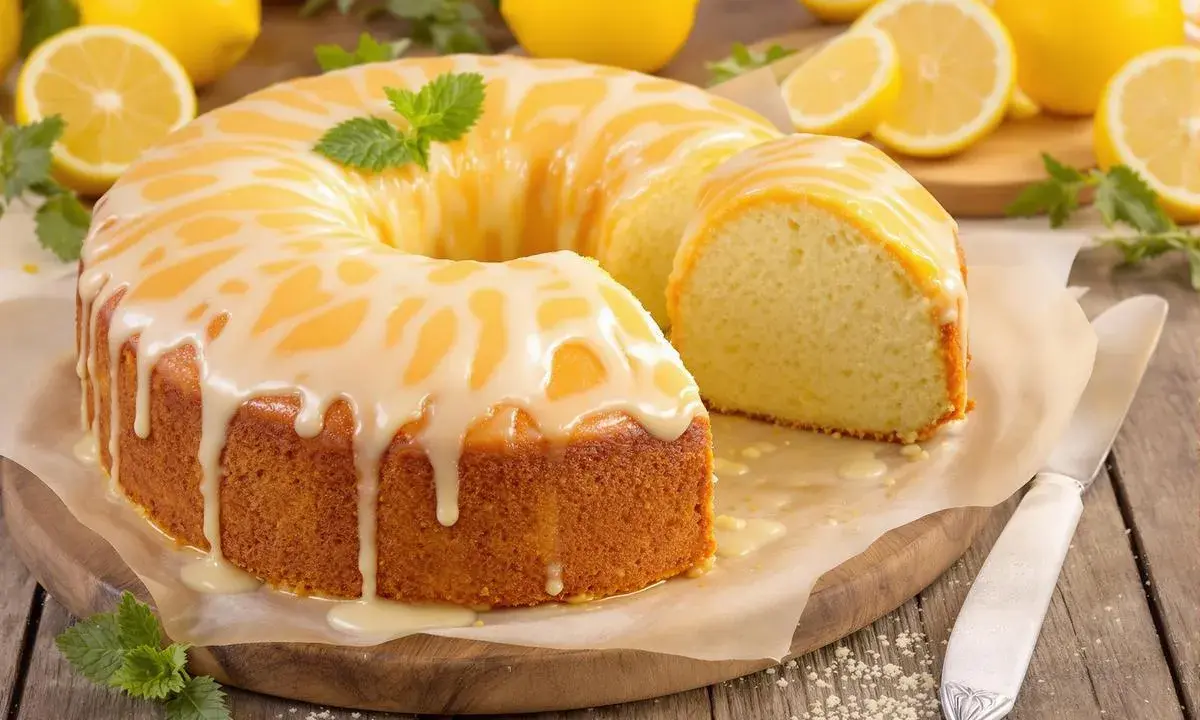 Un délicieux gâteau au citron, nappé d'un glaçage blanc et décoré de menthe fraîche. Une part a été coupée, révélant sa texture moelleuse.