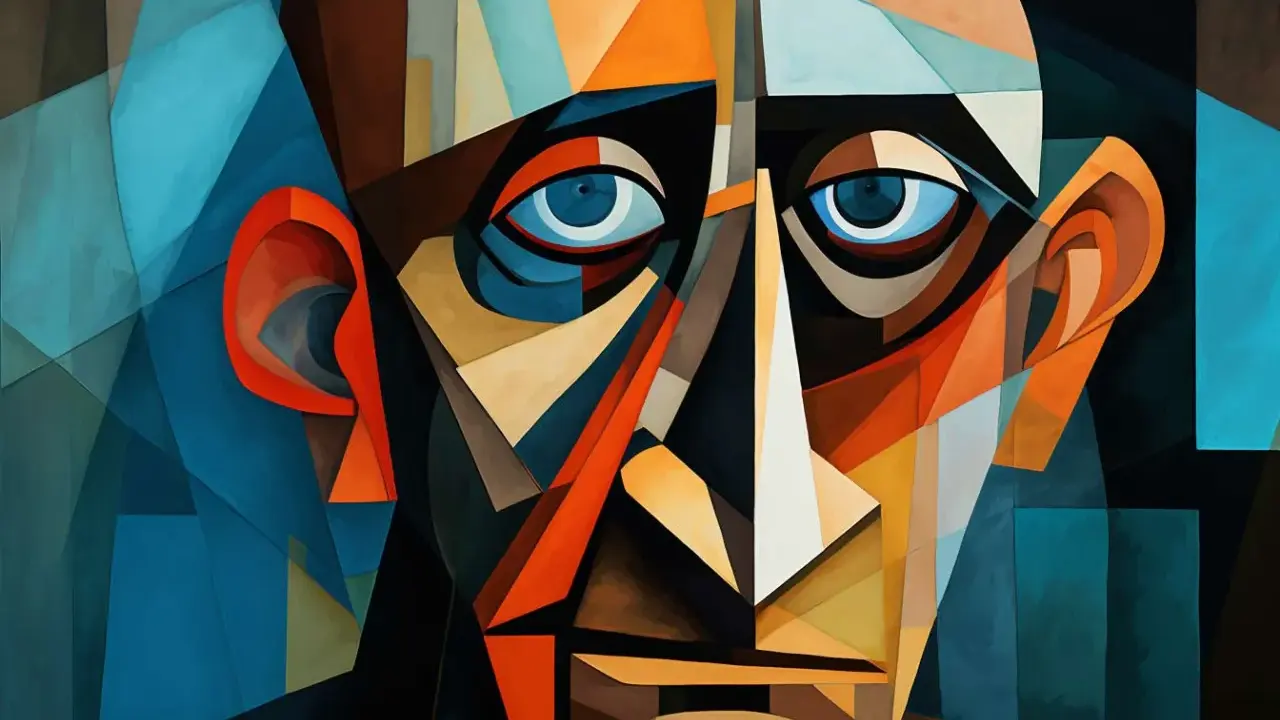 Ansikte i Picasso kubism, fragmenterat i geometriska former och starka färger.