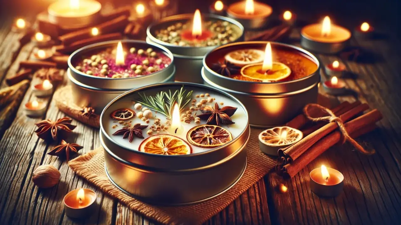 Bougies parfumées à l'huile essentielle, décorées d'agrumes séchés, d'épices et de romarin, sur fond de bois rustique.