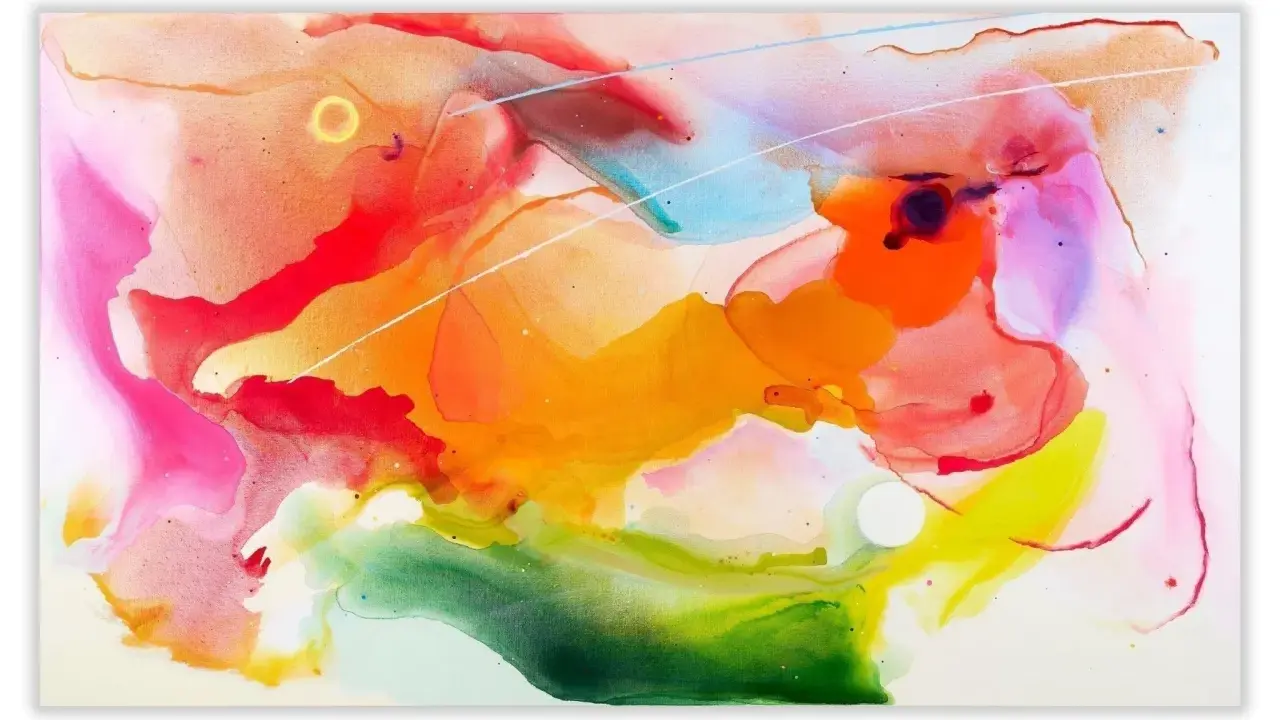 Lebendige Farben fließen ineinander, wie bei abstrakten Malern. Ein Wirbel aus Pink, Orange, Gelb und Grün, durchzogen von feinen Linien.