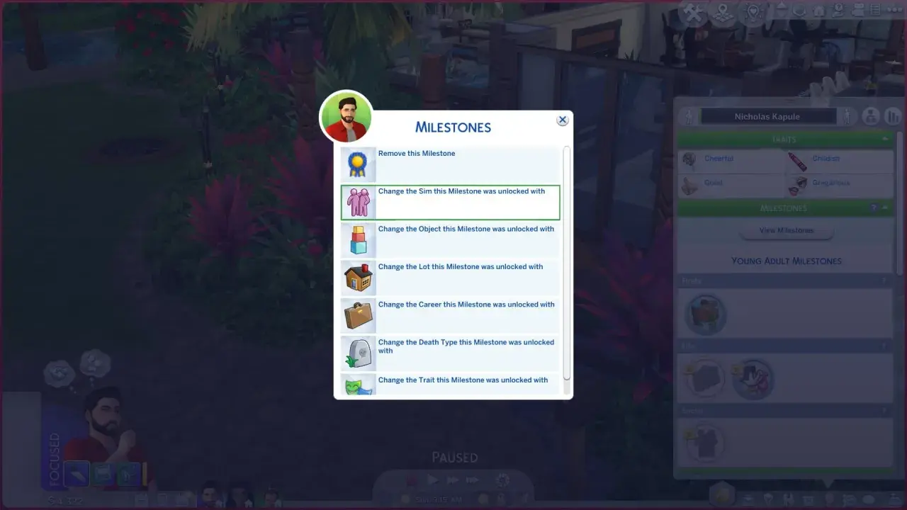 Okno "Kamienie milowe" w The Sims 4, z opcją "Zmień Sima, z którym ten kamień milowy został odblokowany". Dostępne są też inne opcje, jak ts4 ui cheats.