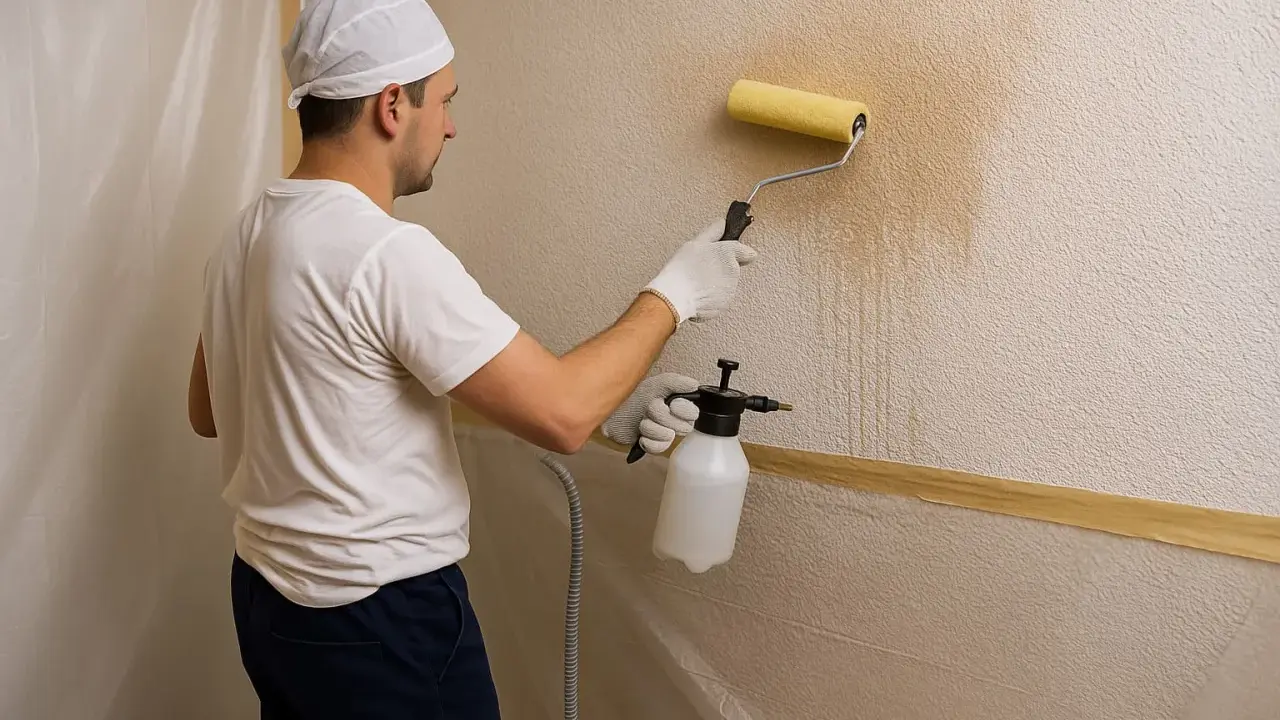 Hombre con rodillo y pulverizador aplica producto para como quitar gotele de la pared.