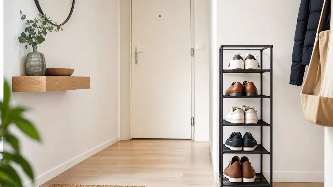 Étagère à chaussures bien rangée, parfaite pour ranger ses chaussures dans un couloir lumineux.