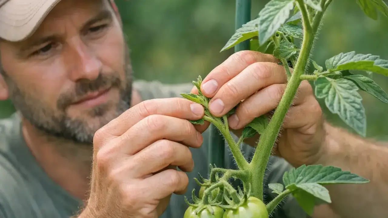 Un jardinier examine une jeune pousse de tomate, s'assurant de la bonne croissance de cette variete de tomate.