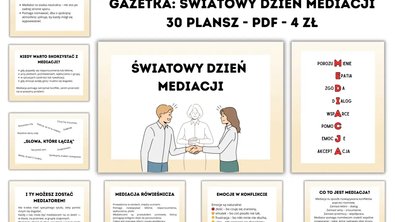 Ilustracja przedstawia mediację: mediator pomaga dwóm osobom w rozwiązaniu konfliktu. Pytania zadawane przez mediatora pomagają w dialogu.