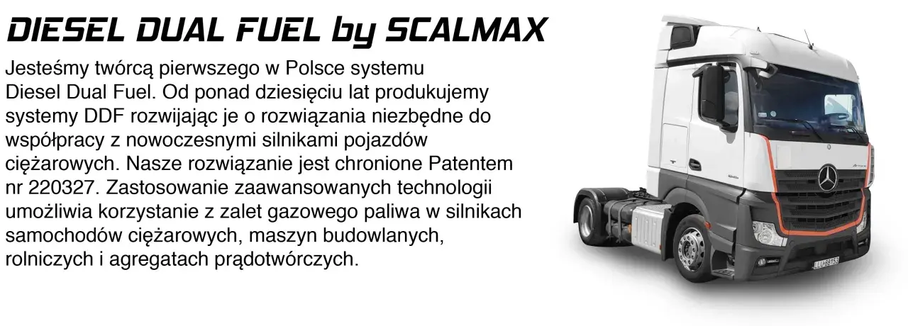 Ciężarówka z systemem Diesel Dual Fuel, który umożliwia korzystanie z gazowego paliwa w silnikach pojazdów.
