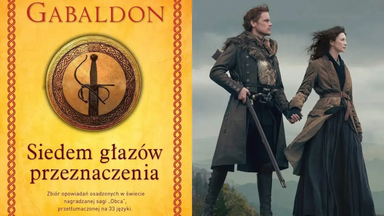 Okładka książki Diany Gabaldon "Siedem głazów przeznaczenia" i para z serialu "Outlander". Idealne dla fanów sagi Diana Gabaldon kolejność.