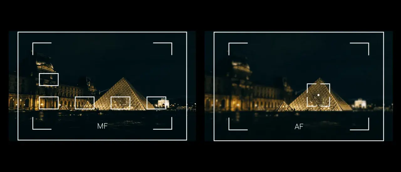 Scatti notturni del Louvre: a sinistra messa a fuoco manuale su più punti, a destra automatica sulla piramide.