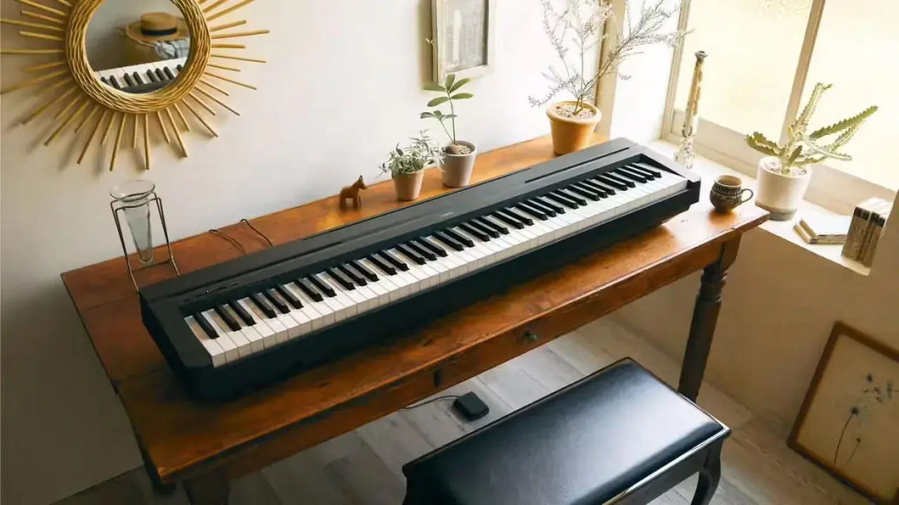 Un clavier piano noir est posé sur un bureau en bois, prêt à faire vibrer la pièce. Des plantes et une tasse à café apportent une touche de vie.