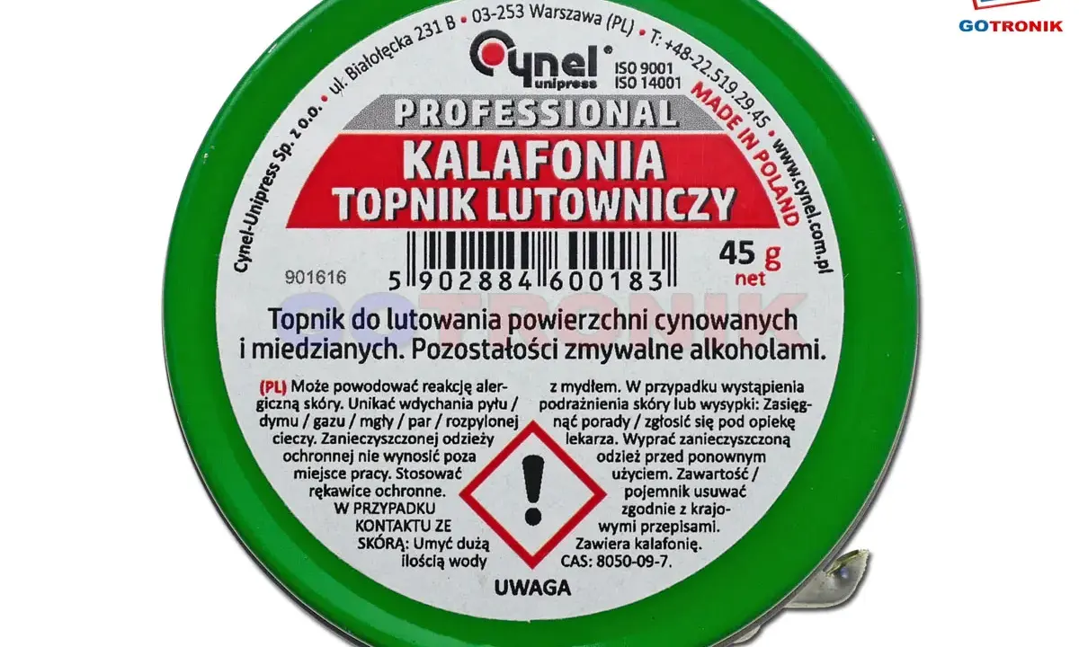 Puszka z zieloną etykietą, na której widnieje napis "KALAFONIA TOPNIK LUTOWNICZY". To jest właśnie kalafonia, co to jest? Produkt do lutowania.