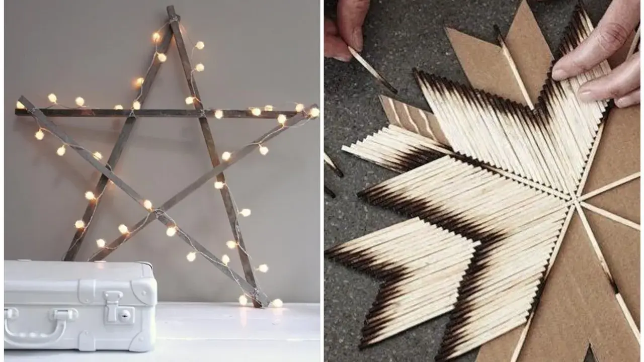 Étoile de Noël en bois et guirlande lumineuse, et une autre étoile en allumettes brûlées. Idées de deco de noel a faire soi meme pour adulte.