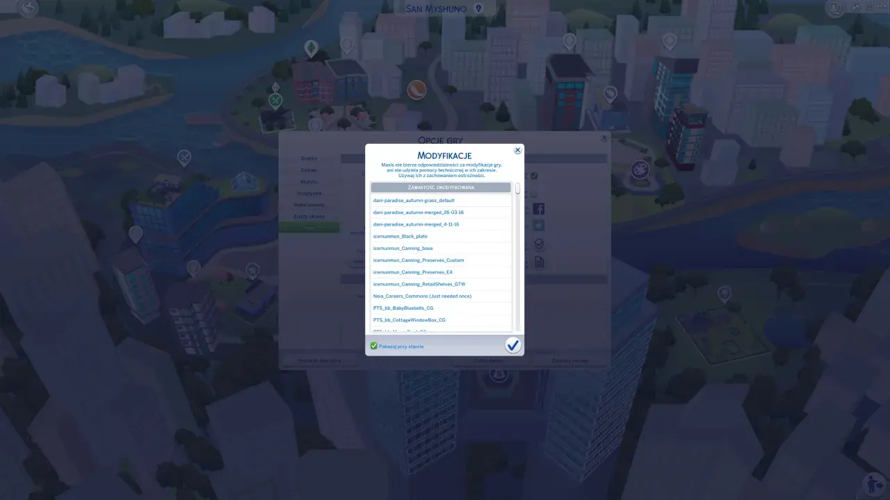 Okno modyfikacji w The Sims 3, gdzie widać listę pobranych plików CC, np. icemunmun_Canning_base.