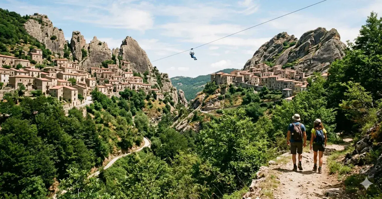 Castelmezzano, cosa vedere: un borgo aggrappato alle rocce, con un volo in zipline per ammirare il panorama. Due escursionisti sul sentiero.