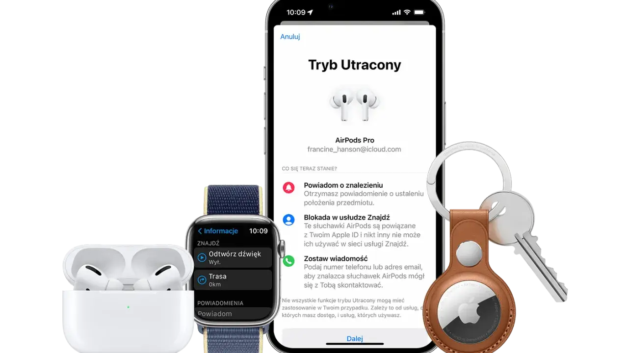iPhone z funkcją znajdź mój iphone icloud, Apple Watch i AirTag pomagają odnaleźć zgubione AirPods Pro.