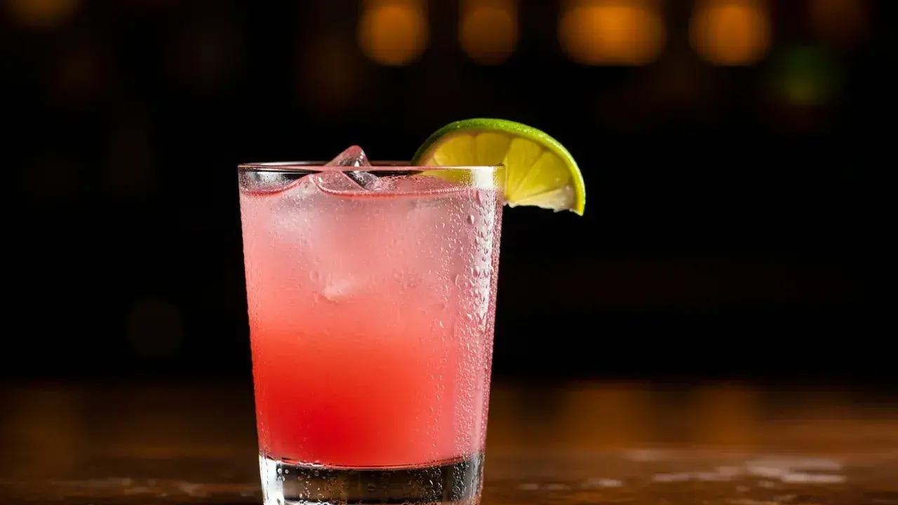 En rosa tequila drink med is och en limeklyfta på en mörk bakgrund.