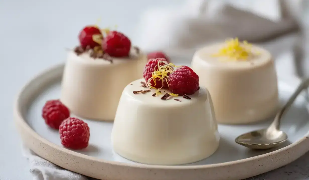 Tre krämiga pannacotta smaker med hallon och citronskal. En delikat dessert som lockar.