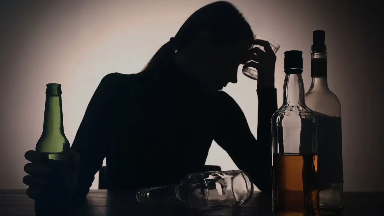 Sylwetka kobiety z kieliszkiem w dłoni, otoczona butelkami. Widoczny problem z przedawkowaniem alkoholu.