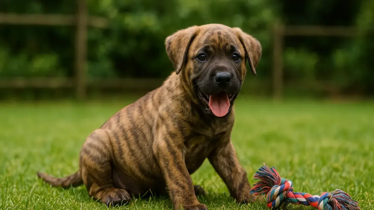 Un chiot Fila de São Miguel tigré, assis sur l'herbe avec une corde à jouer colorée.