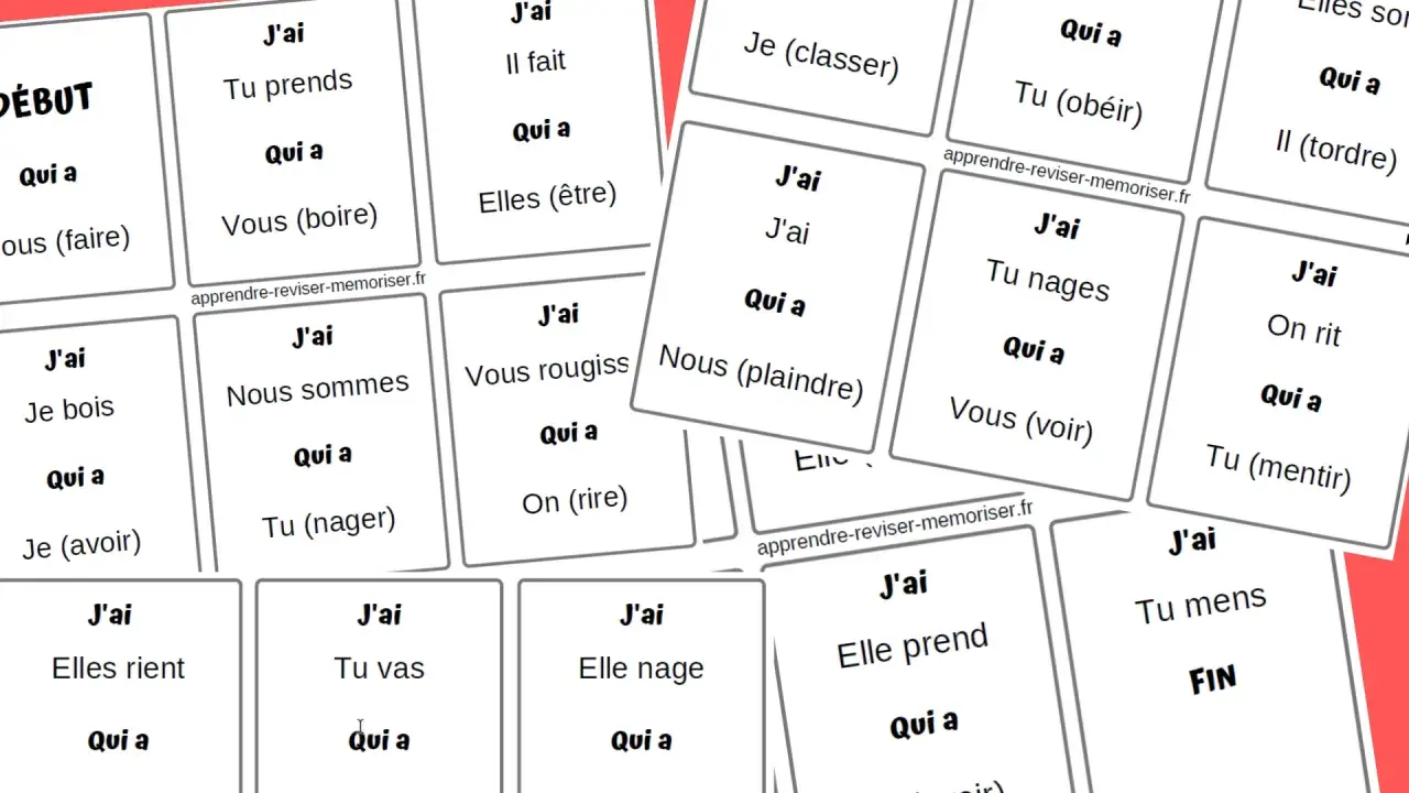 Cartes à jouer pour apprendre la conjugaison française. Elles présentent des pronoms et des verbes, comme "J'ai" ou "Tu vas", pour pratiquer la conjugaison.