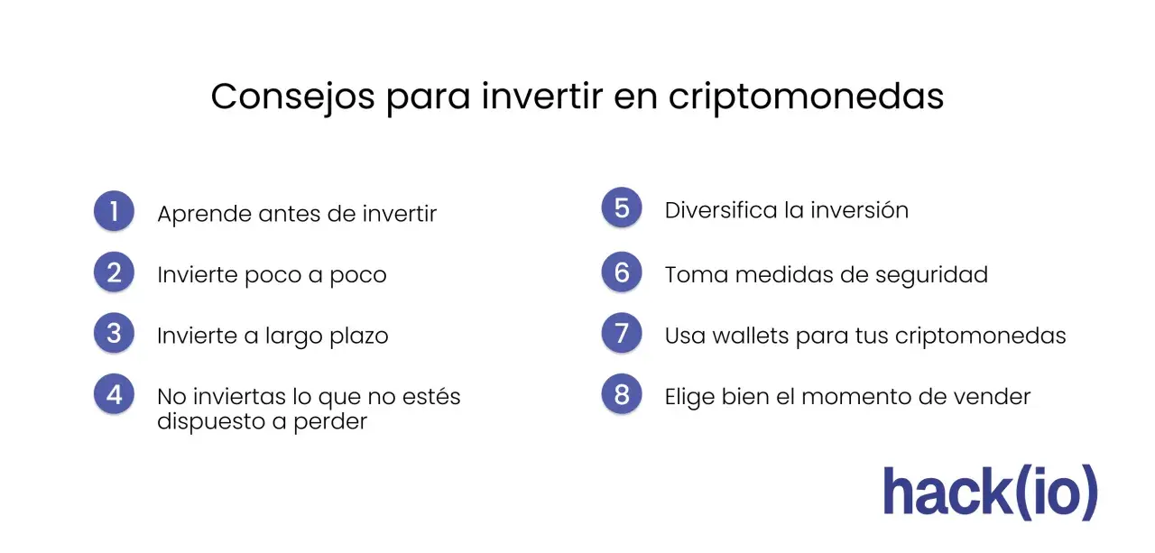 Consejos para invertir en criptomonedas: aprende, diversifica, usa wallets y elige bien el momento de vender. Entender qué es y cómo funciona te ayudará.