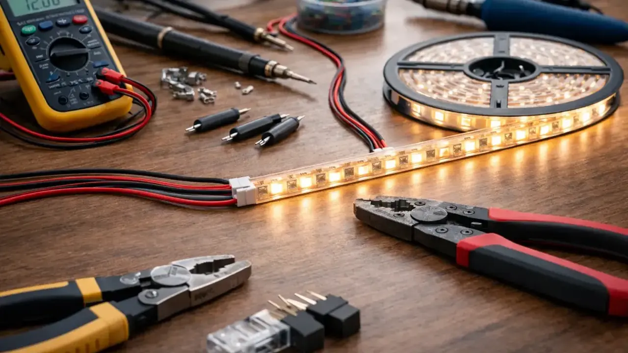 Narzędzia do elektryki i taśma LED na drewnianym blacie. Multimetr, lutownica, szczypce i złączki sugerują, jak podłączyć taśmę led do włącznika światła.