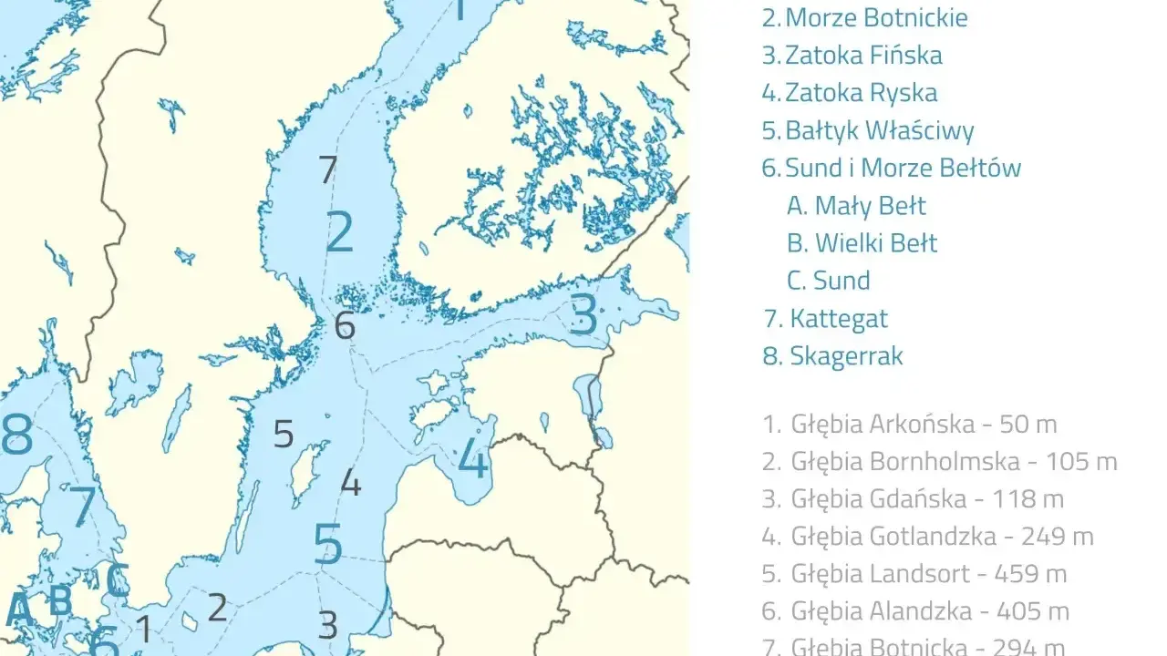 Mapa Bałtyku z zaznaczonymi obszarami i głębiami. Wiele rzek wpływa do Bałtyku, tworząc jego unikalny charakter.