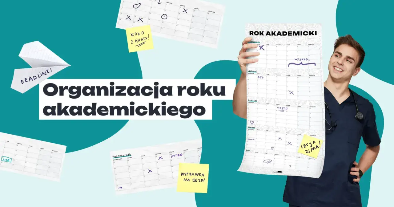 Młody student z kalendarzem planuje, jak długo trwa rok akademicki. Widać terminy, egzaminy i wyjazdy.