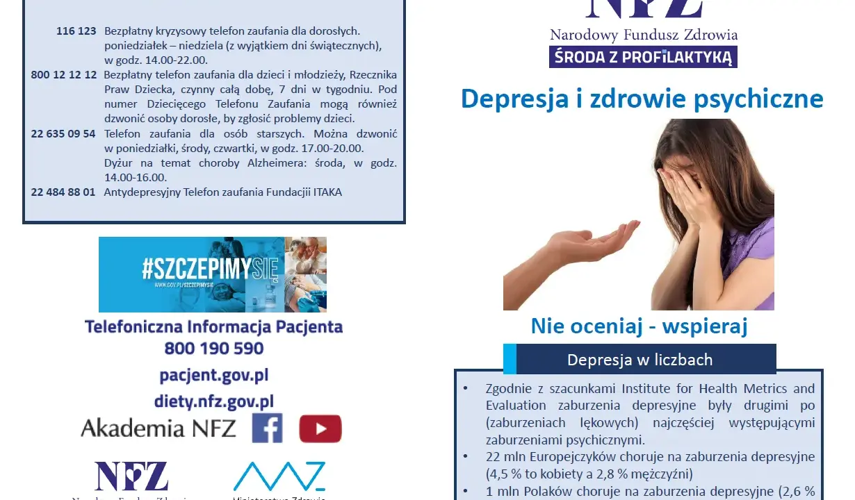 Kobieta zakrywająca twarz dłońmi, druga dłoń wyciągnięta w geście wsparcia.