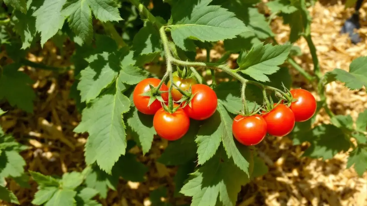 Un plan de tomate cerise mûrissant sur sa tige, entouré de feuilles vertes luxuriantes.