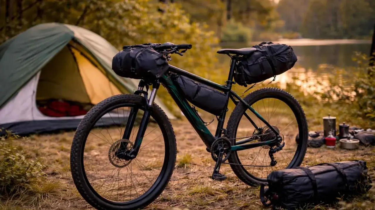 Rower gotowy do bikepacking gravel. Namiot i sprzęt kempingowy czekają nad jeziorem.
