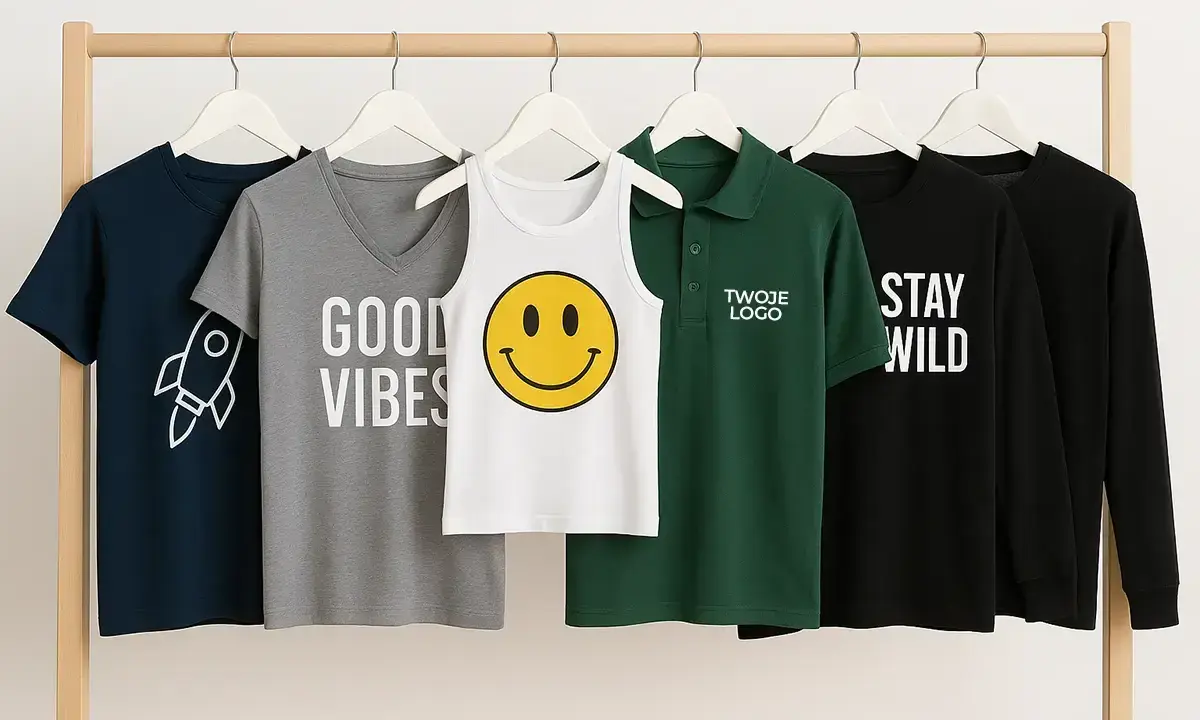 Różne koszulki na wieszakach: z rakietą, napisem "GOOD VIBES", uśmiechem, logo i "STAY WILD". Dowiedz się, jak uszyć koszulkę!