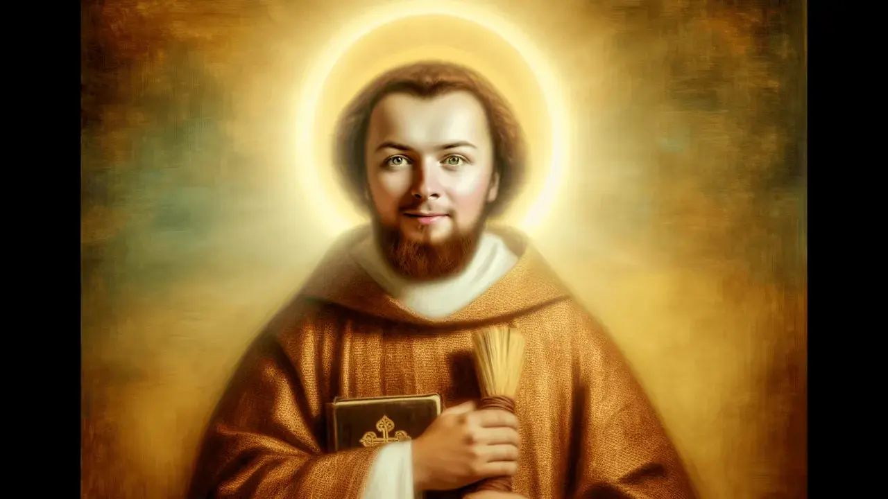Święty Daniel patron, z aureolą, trzyma księgę i rózgę.