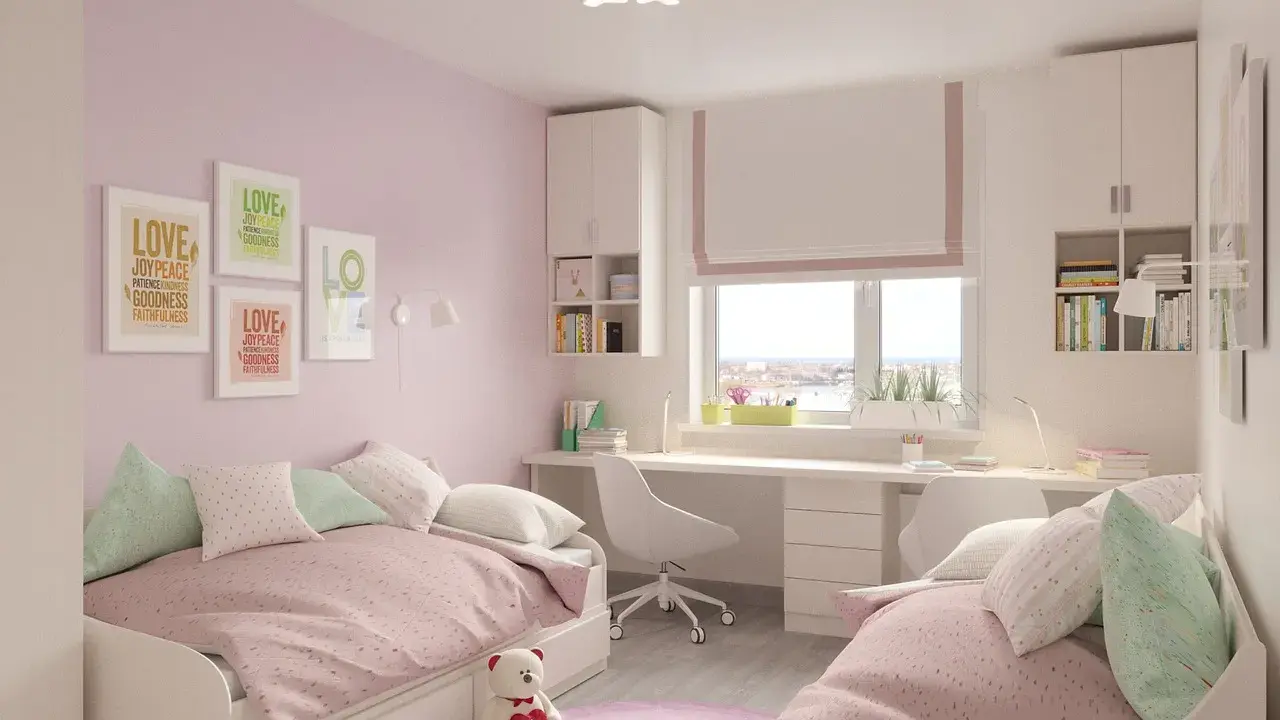 Chambre d'ado rose et blanche, deux lits jumeaux séparés par un bureau. Idéal pour un ado séparer une petite chambre en deux.