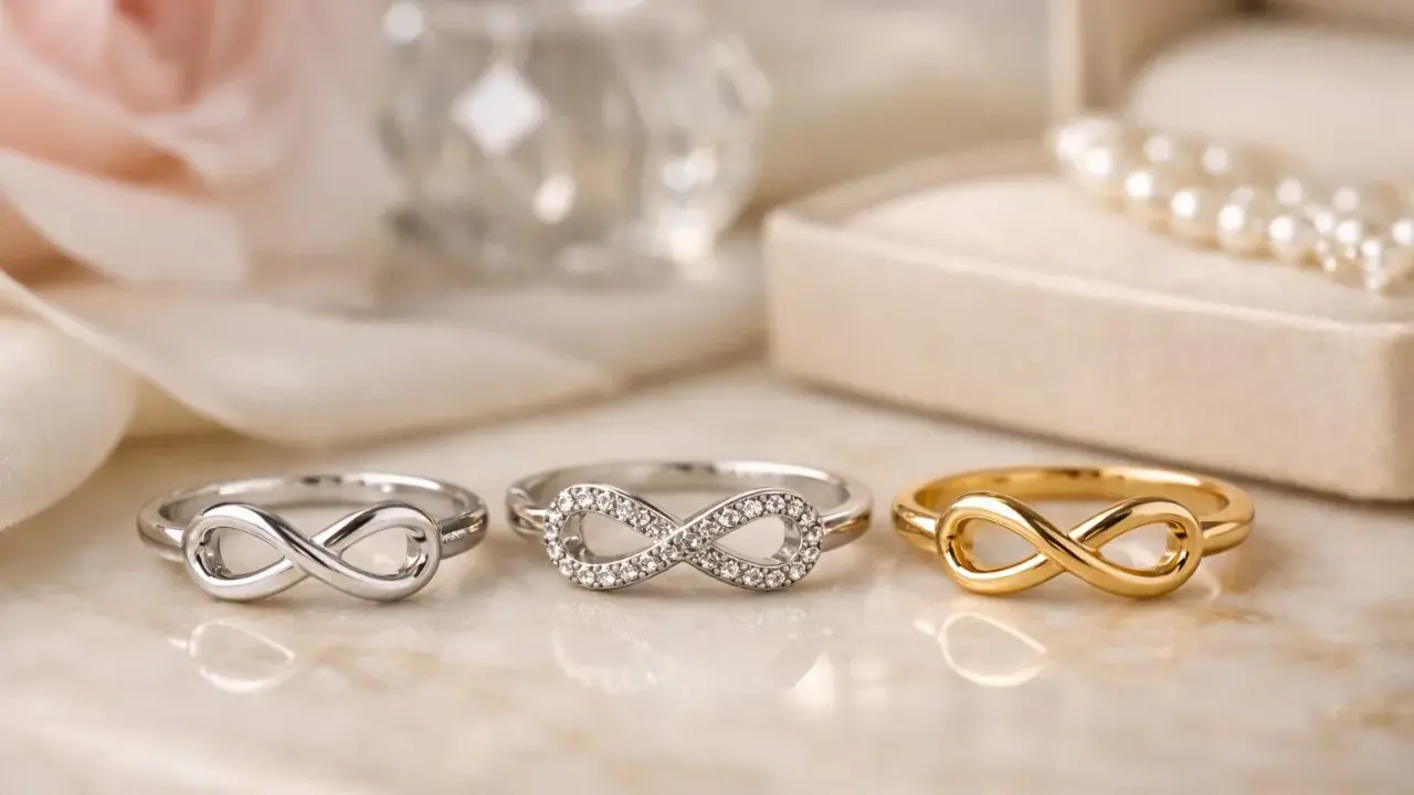 Tre anelli con simbolo dell'infinito, uno in oro, uno in argento con zirconi e uno in argento semplice. L'anello nodo d'amore significato è l'eternità.
