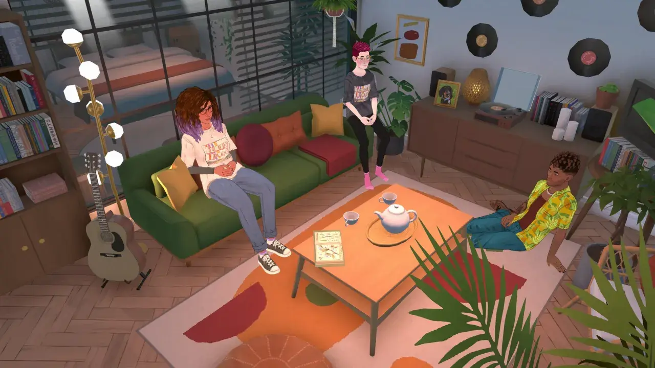 Trzech przyjaciół relaksuje się w przytulnym salonie, jak w grze The Sims 2. Na kanapie siedzą dwie osoby, trzecia leży na dywanie.
