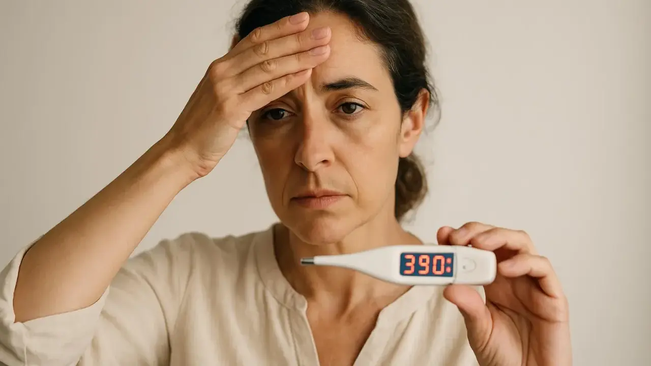 Donna con termometro digitale che mostra 39.0, fronte appoggiata sulla mano, segno di stanchezza cronica e malessere.