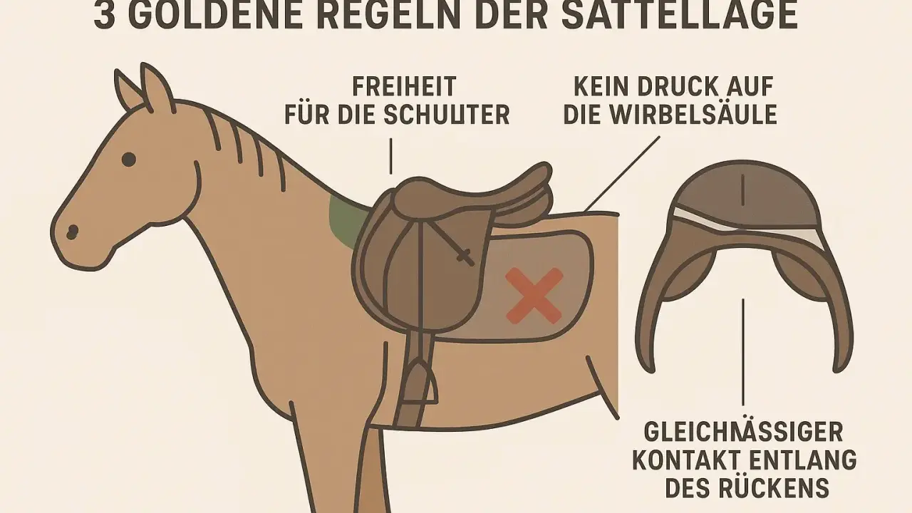 Illustration zeigt, wie man den Sattel richtig anpassen kann: Freiheit für die Schulter, kein Druck auf die Wirbelsäule, gleichmäßiger Kontakt.