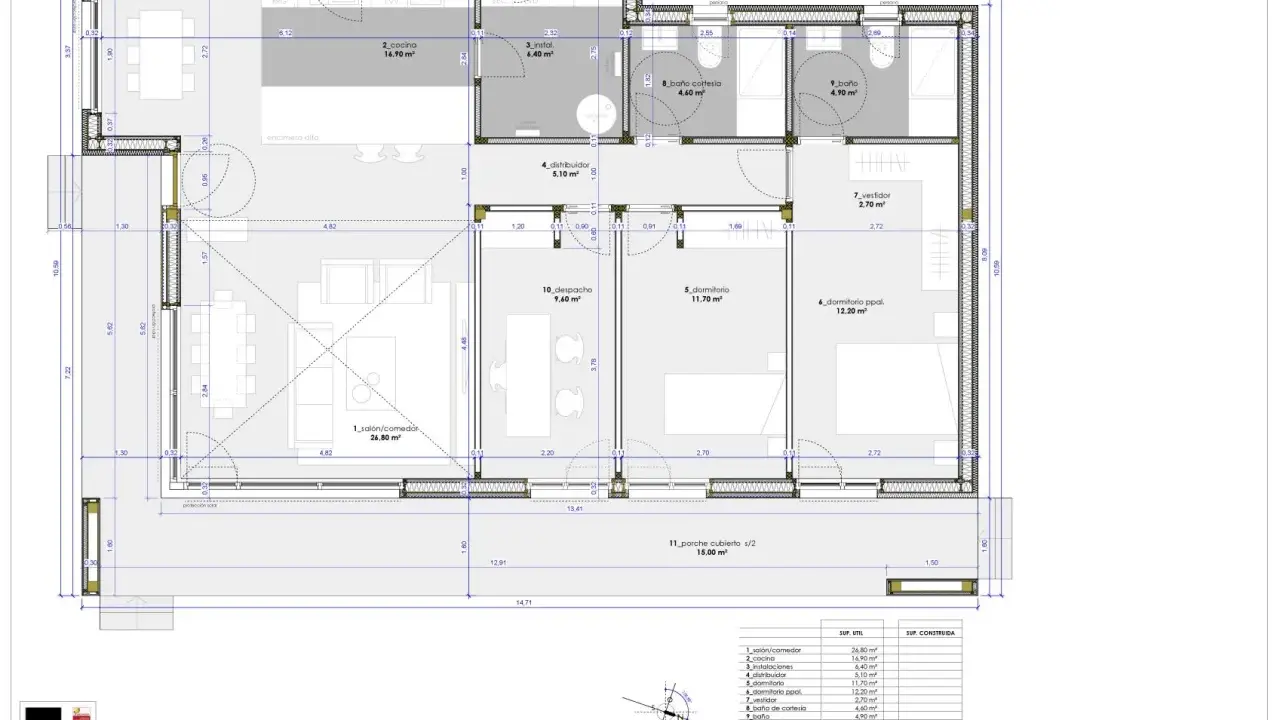 Plano de vivienda unifamiliar con distribución de estancias: salón-comedor, cocina, dormitorios, baños, despacho y porche. Un ejemplo de diseño para una casa passivhaus que es eficiente energéticamente.