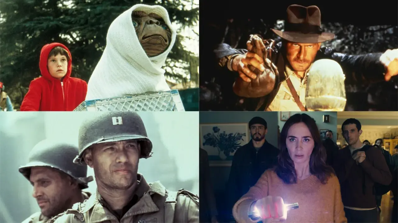 En bildkavalkad av filmer med Steven Spielberg: E.T., Indiana Jones, Rädda menige Ryan och A Quiet Place.