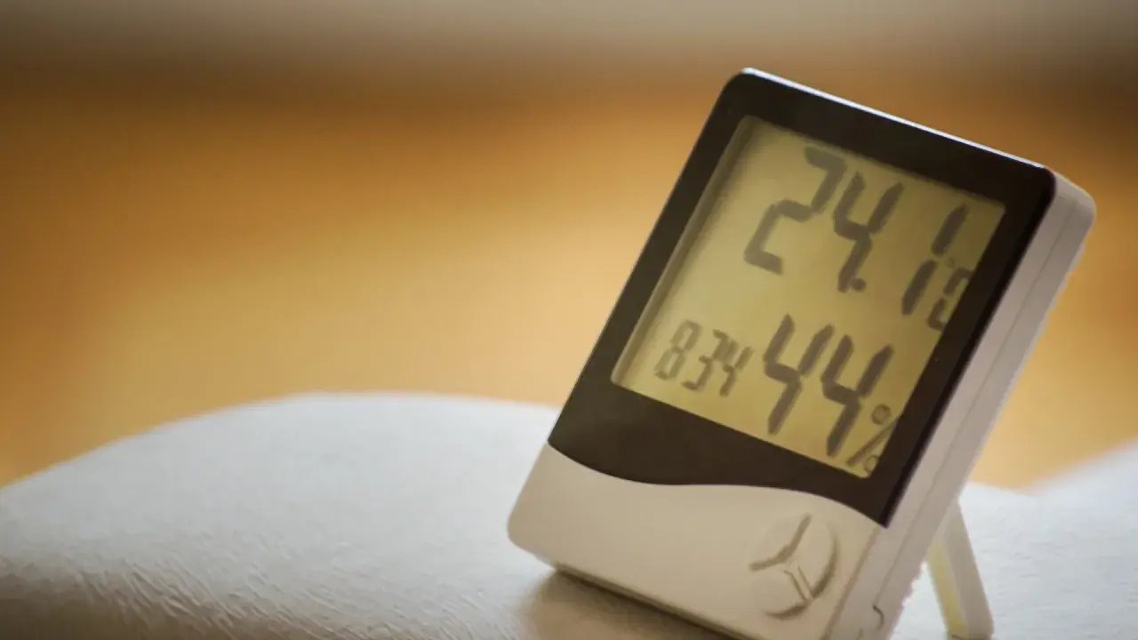 Cyfrowy higrometr pokazuje 24.1°C i 44% wilgotności. To urządzenie, które mierzy wilgotność powietrza.