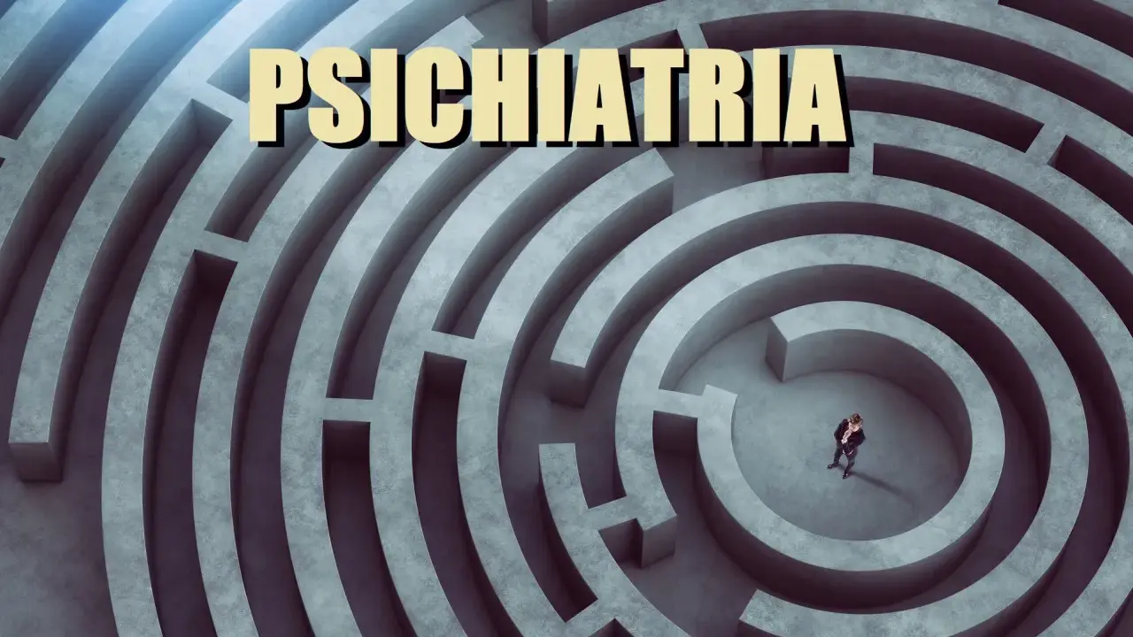 Un uomo d'affari in un labirinto di cemento, con la parola "Psichiatria" in alto. Un'immagine che evoca il pensiero tangenziale e la complessità della mente.