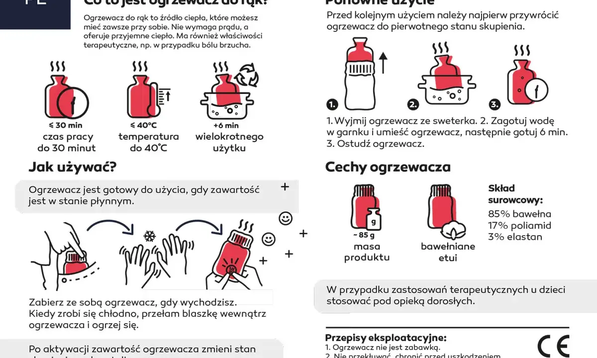 Jak działa ogrzewacz do rąk: po przełamaniu blaszki płyn krystalizuje, wydzielając ciepło. Wielokrotnego użytku, gotowy po zagotowaniu.