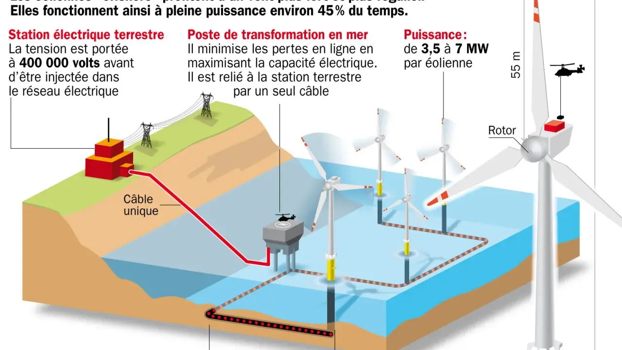 Schéma eolienne simple : une station terrestre connectée à un poste de transformation en mer par un câble unique, alimentant plusieurs éoliennes.