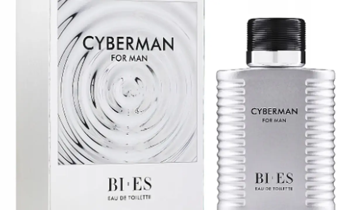 Perfumy męskie Bi-es Cyberman w srebrnym flakonie i pudełku z motywem fal.